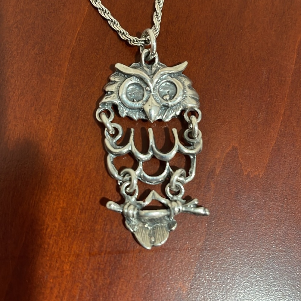 Sterling Silver Owl Necklace from Mexico- Owl Pendant on 31” Rope Chain - Picture 3 of 7